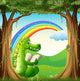 A crocodile reading under the tree below the rainbow