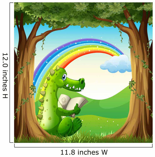 A crocodile reading under the tree below the rainbow