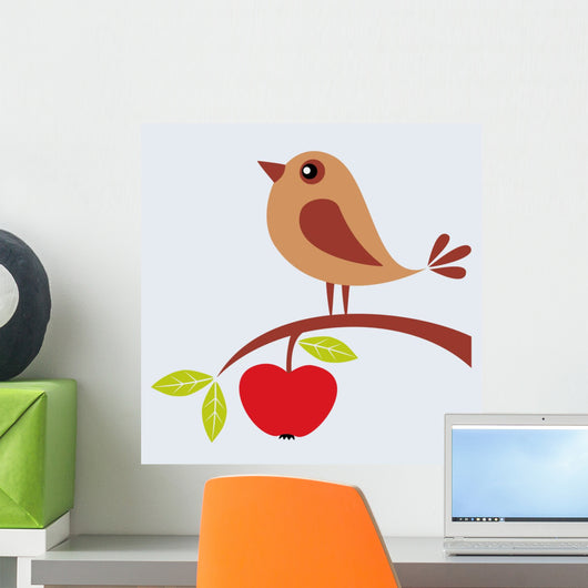 Tree branch with apple and cute bird