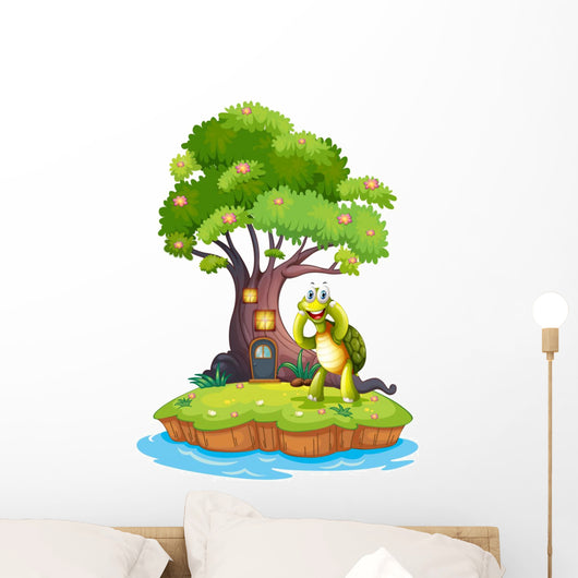 An island with a big tree and a turtle Wall Decal