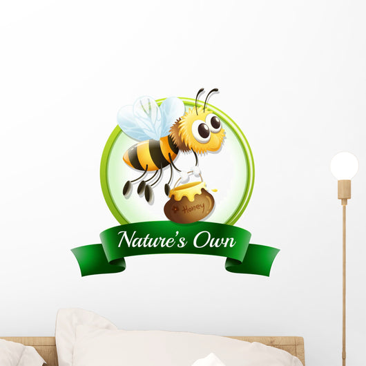 A label with a bee holding a pot Wall Decal