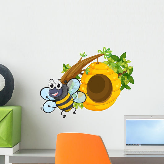 A smiling bee near the big beehive Wall Decal