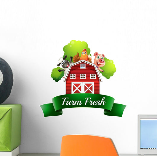 A Farm Fresh Label with a Farmhouse and Farm Animals Wall Decal