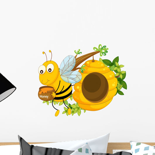 A Bee Holding a Pot of Honey near the Beehive Wall Decal