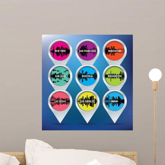 Map pins with New York, San Francisco, Vancouver, Puerto Rico, M