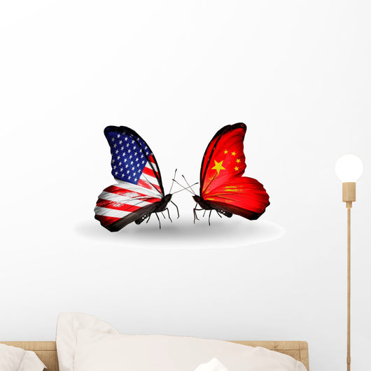Two Butterflies with Flags Usa and China Wall Decal