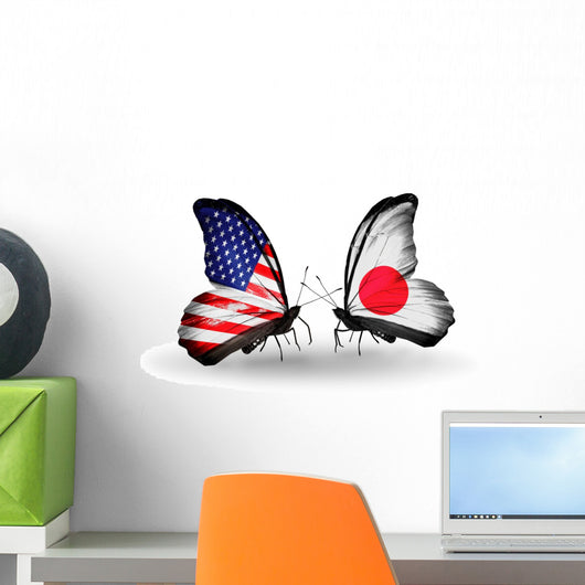Two Butterflies with Flags Usa and Japan