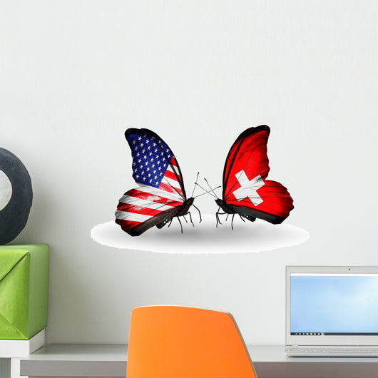 Two Butterflies with Flags Usa and Switzerland