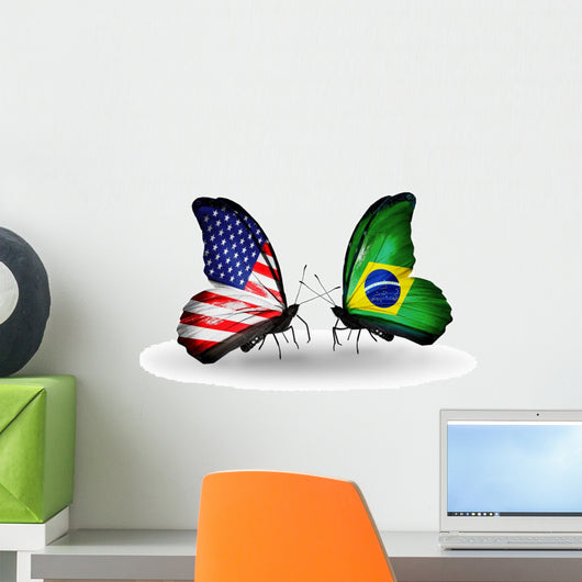Two Butterflies With Flags USA and Brazil Wall Decal