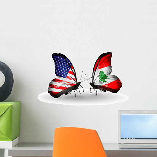 Two Butterflies with Flags Usa and Lebanon Wall Decal