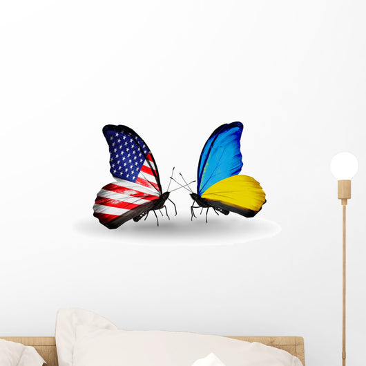 Two Butterflies with Flags Usa and Ukraine Wall Decal