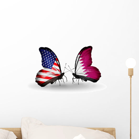 Two Butterflies with Flags Usa and Qatar Wall Decal