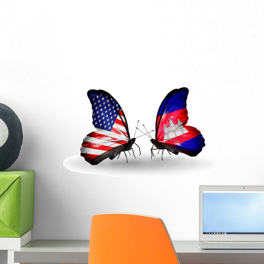 Two Butterflies with Flags Usa and Cambodia Wall Decal