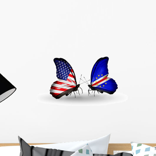 Two Butterflies with Flags Usa and Cape Verde Wall Decal