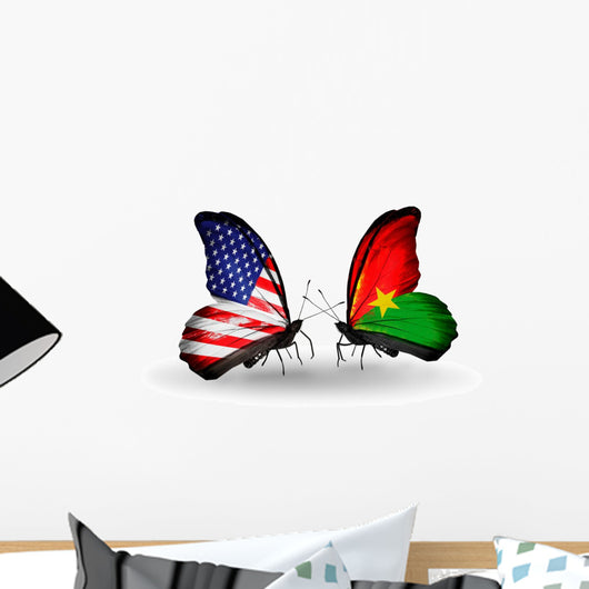 Two Butterflies with Flags Usa and Burkina Faso Wall Decal