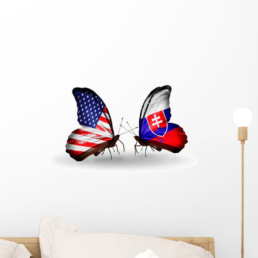 Two Butterflies with Flags Usa and Slovakia Wall Decal