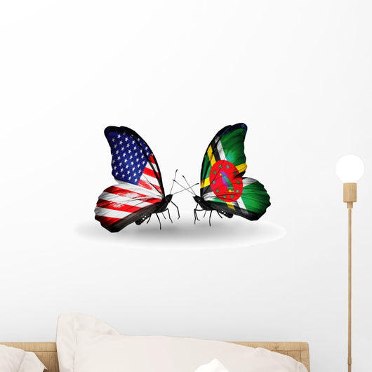 Two Butterflies with Flags Usa and Dominica Wall Decal