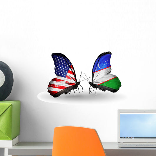 Two Butterflies with Flags Usa and Uzbekistan Wall Decal