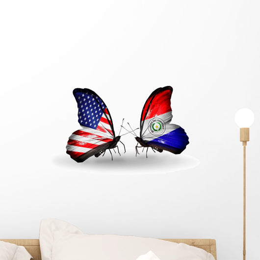 Two Butterflies with Flags Usa and Paraguay Wall Decal