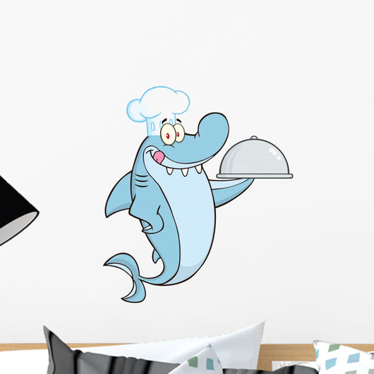 Chef Shark Cartoon Character Holding a Platter