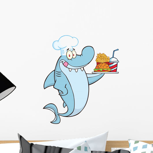 Chef Shark Holding a Plate of Hamburger and French Fries