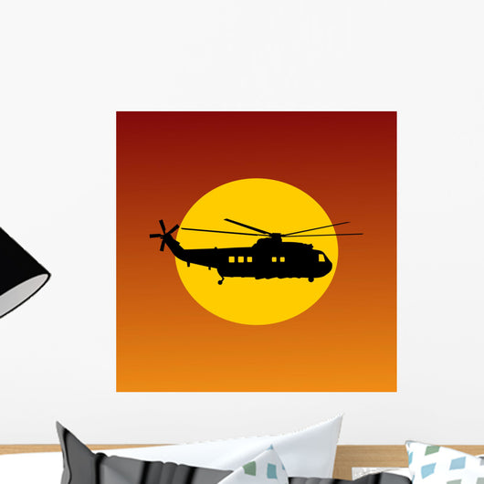 Helicopter Flying Passing Sun at Sunset Wall Mural