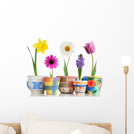 Colorful Spring Flowers in Fun Ceramic Containers Wall Decal