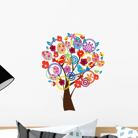 Vector Easter Tree with Eggs, Flowers, Birds Wall Decal