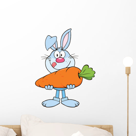 Hungry Blue Rabbit Cartoon Character Holding a Big Carrot Wall Decal