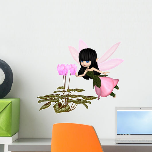 Cute Toon Pink Cyclamen Fairy, Flying Wall Mural