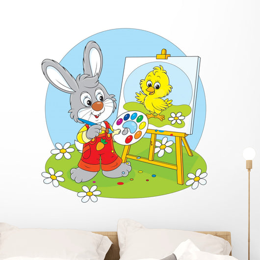 Little rabbit draws a small Easter chick Wall Decal