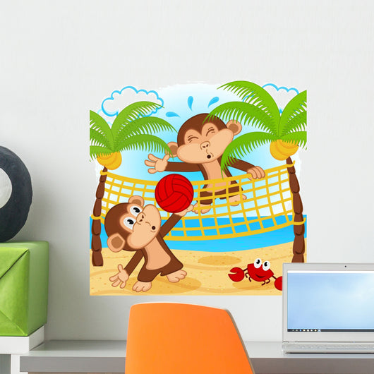 monkeys playing in beach volleyball - vector illustration