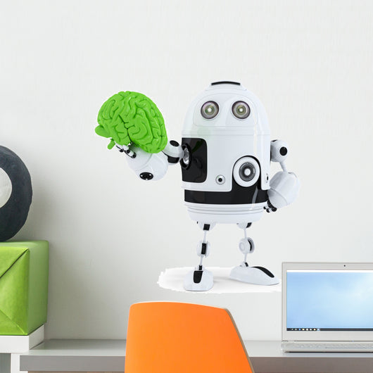 Robot holding green brain. Technology concept Wall Decal