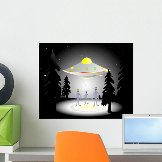 Illustration of aliens and flying saucer in the woods at night Wall Mural