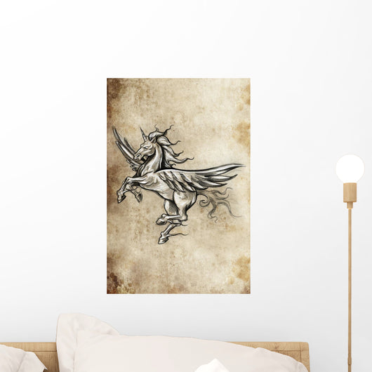 Tattoo unicorn sketch, handmade design over vintage paper Wall Mural