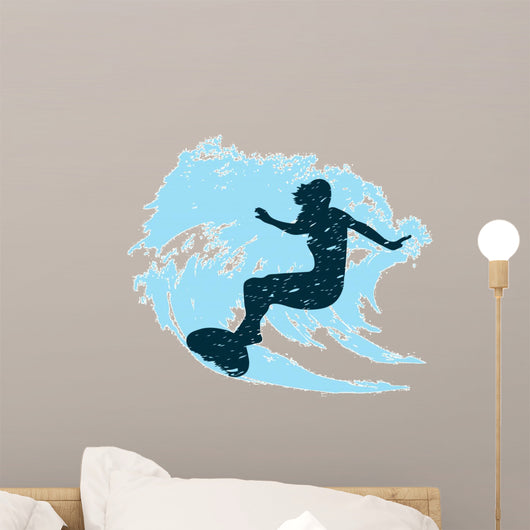 silhouette of a surfer in grunge style splashes