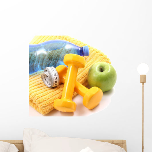 dumbbells towel water and apple - ready to fitness Wall Mural