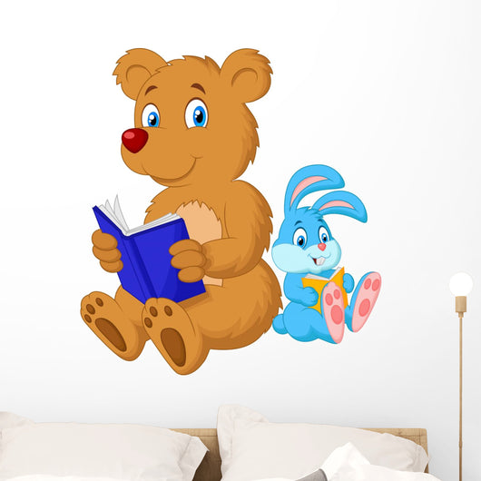 Cartoon Bear and Rabbit Reading Book Wall Decal
