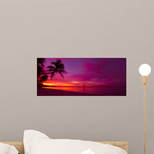 Tropical sunset with palm tree silhouette panorama