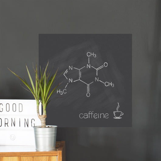 Caffeine molecule and cup of coffee chalked on blackboard