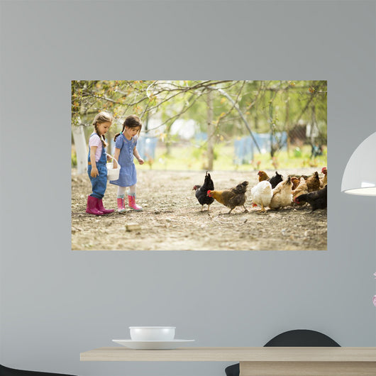 Two little girl feeding chickens
