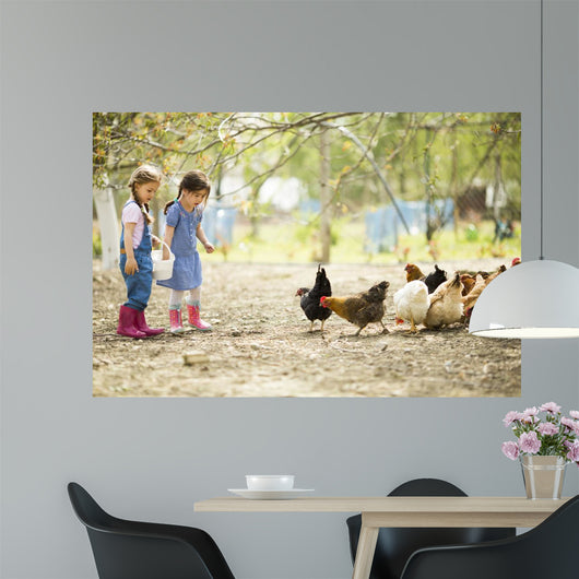 Two little girl feeding chickens