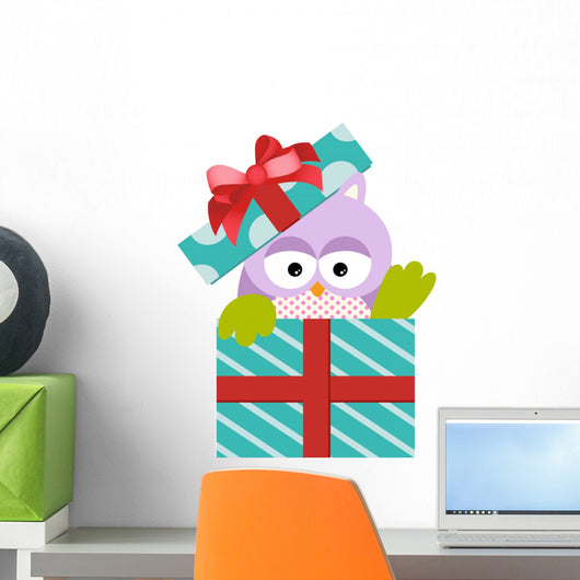 Cute Owl in Gift Box Wall Decal