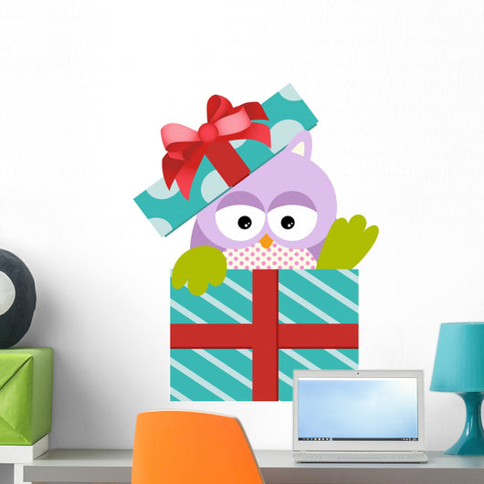 Cute Owl in Gift Box Wall Decal