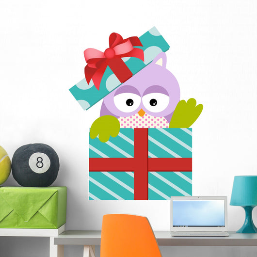 Cute Owl in Gift Box Wall Decal