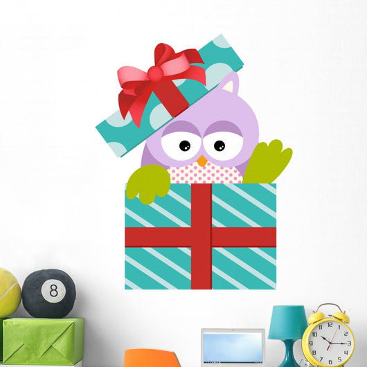 Cute Owl in Gift Box Wall Decal