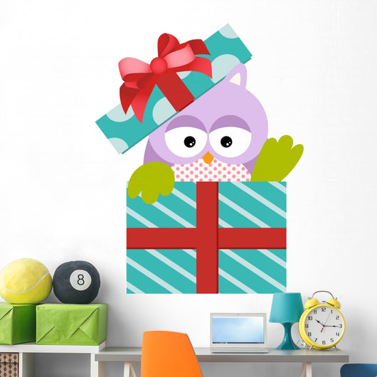 Cute Owl in Gift Box Wall Decal