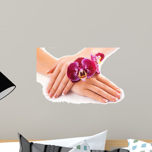 beautiful french manicure with pink orchid on white Wall Mural