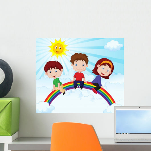 Happy Kids Sitting on Rainbow Wall Mural