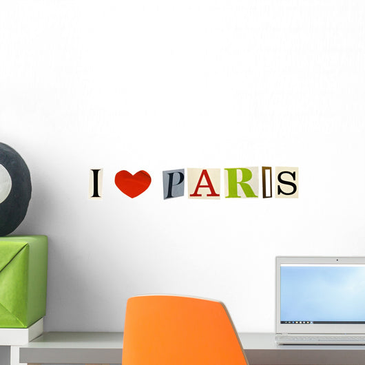 I Love Paris formed with magazine letters on a white background Wall Mural